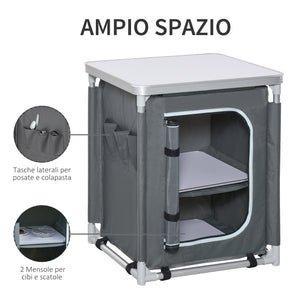 Station de cuisine de camping en aluminium avec placard à 2 étagères et sac de transport
