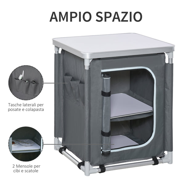 Station de cuisine de camping en aluminium avec placard à 2 étagères et sac de transport