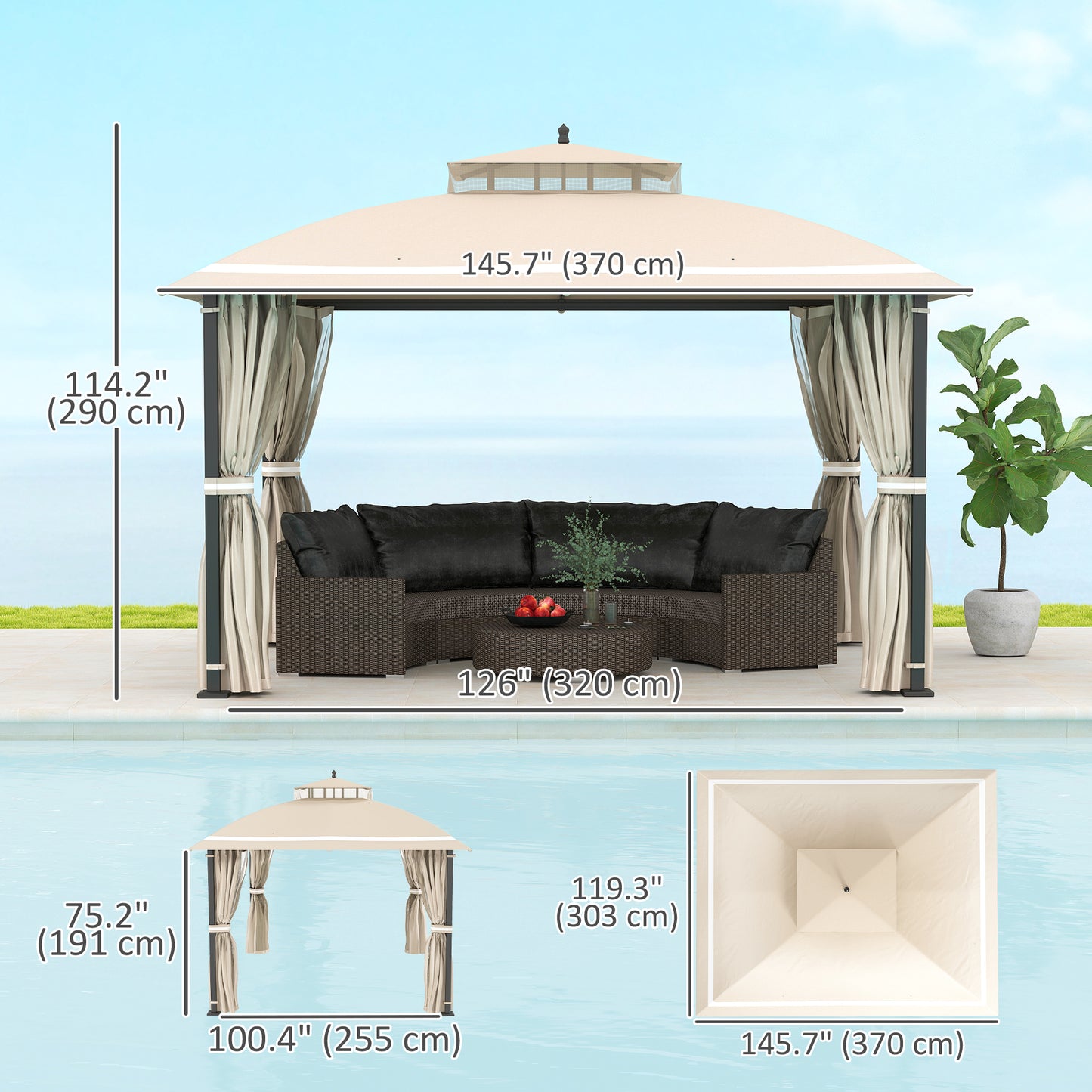 Gezebo d'extérieur  10' x 12', auvent de patio à double toit avec filet et rideaux