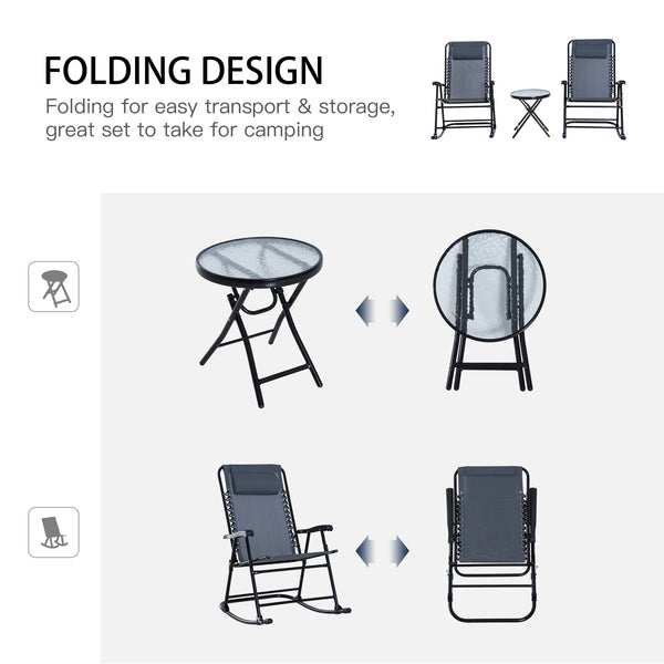 3pc Patio Rocking Chair Set, Folding Outdoor Rocking Chairs and Table Bistro Set w/ Breathable Mesh Seat & Backrest, Headrest for Park, Backyard, Garden, Grey