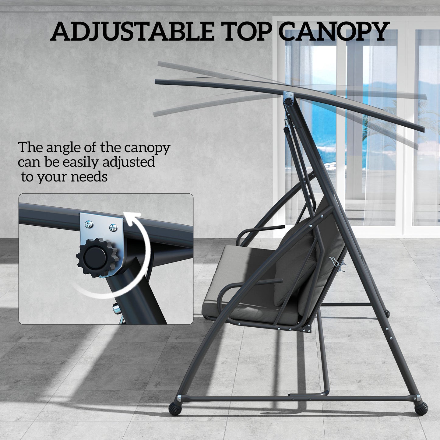 Outsunny Patio Swing Chair, 3 Person Convertible Hammock, Outdoor Swing Lounge Bed, Cushioned with Tilt Canopy, Dark Gray |