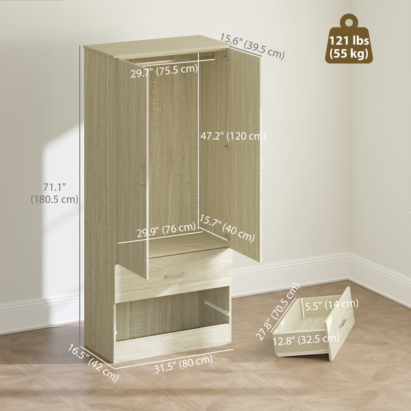 Armoire penderie avec tringle de suspension et 2 portes, rangement pour vêtements avec 2 tiroirs, chêne