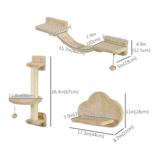 Wall-mounted cat tree with scratching post, ladder, perches and cloud-shaped shelves, beige