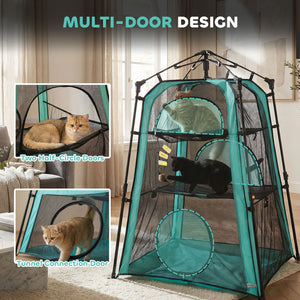 3-tier portable pet tent, indoor/outdoor use, multiple doors, carry bag, and breathable mesh.