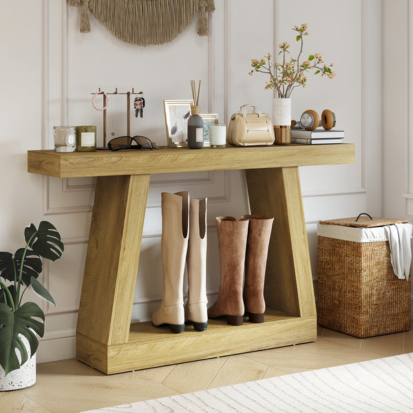 Table console style ferme à 2 niveaux avec rangement, couleur chêne