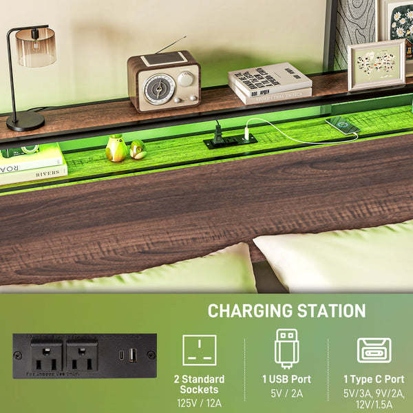 Cadre de lit double avec éclairage LED et station de charge avec tête de lit de rangement, noyer
