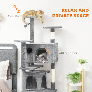 Arbre à chat 137 cm (54 po), tour à plusieurs niveaux avec griffoirs, niches, couchage, plateformes, rampe et balle, gris clair