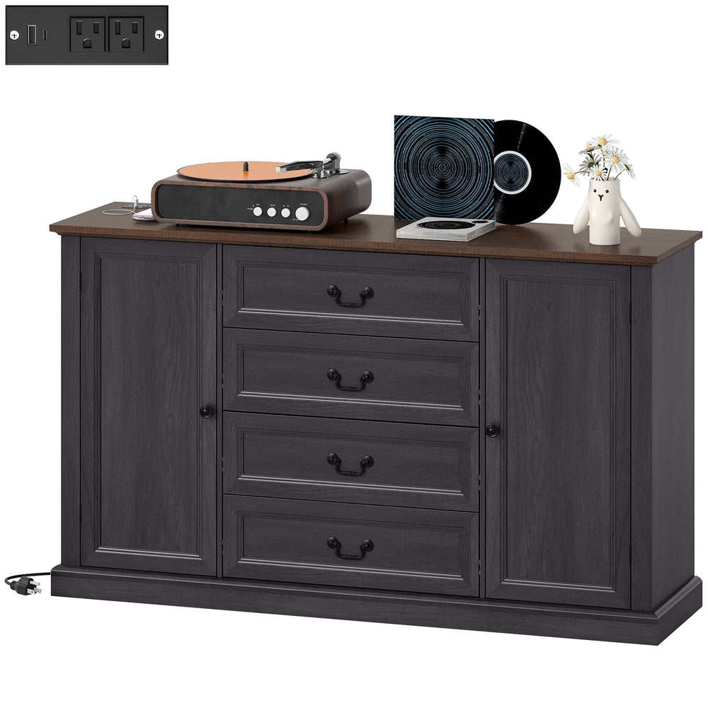 Buffet style ferme avec station de recharge, 4 tiroirs et 2 portes, noir