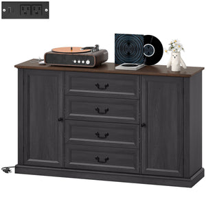 Buffet style ferme avec station de recharge, 4 tiroirs et 2 portes, noir