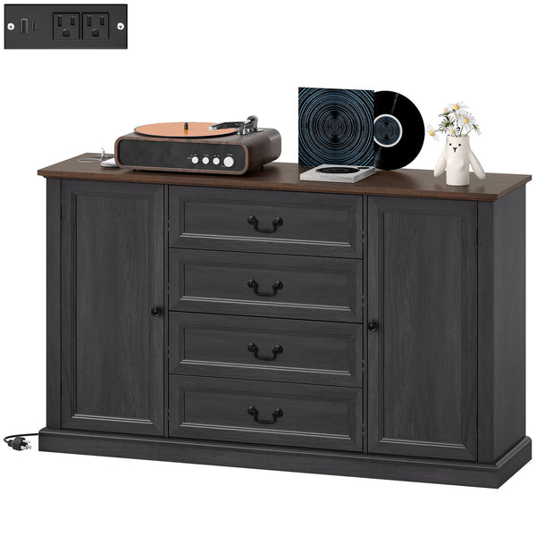 Buffet style ferme avec station de recharge, 4 tiroirs et 2 portes, noir