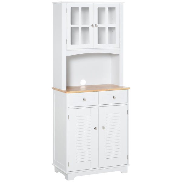 Coastal style kitchen sideboard and display cabinet with framed glass door, louvered drawers, white.