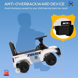 Kids' Sliding Police Car with Hidden Underseat Storage, Megaphone, Removable Backrest, White