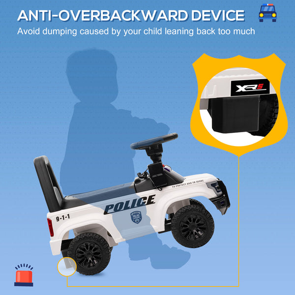 Kids' Sliding Police Car with Hidden Underseat Storage, Megaphone, Removable Backrest, White