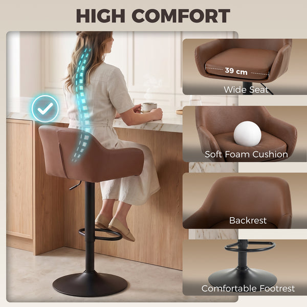 Tabourets de bar en similicuir, réglables et pivotants, avec dossier, lot de 2, marron