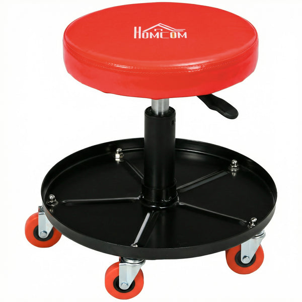 Tabouret de mécanicien ajustable avec roulettes et plateau de rangement pour outils, rouge