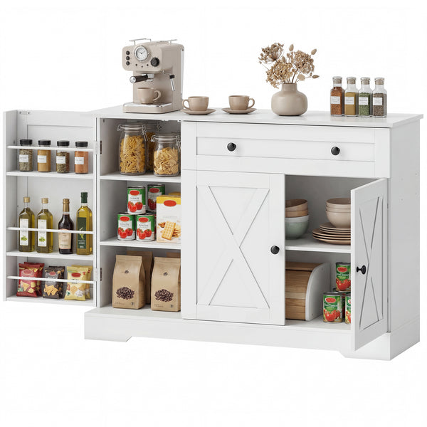 Farmhouse Coffee Bar Cabinet with Doors, Adjustable Shelves, Drawer, Barn Doors, White