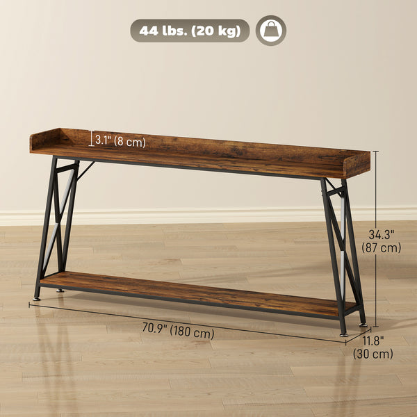 Extra-long console table with storage shelf and railing, industrial style, rustic brown