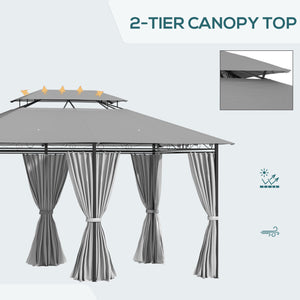 Gazebo 10' x 13', abri pare-soleil extérieur à 2 niveaux avec rideaux, gris foncé