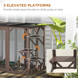 Enclos pour chats avec toit imperméable, plateformes à plusieurs niveaux et verrou