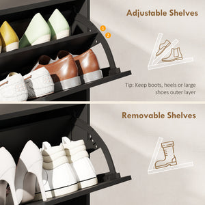 Narrow shoe cabinet for 16 pairs of shoes with 4 hinged drawers and adjustable shelves, black