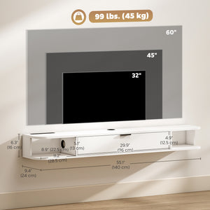 Floating wall-mounted TV unit for TVs up to 60 inches, with a drop-down drawer and 2 open shelves, white