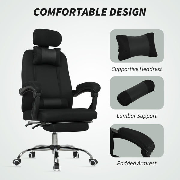 Fauteuil de bureau ergonomique à dossier haut avec repose-pieds et soutien lombaire, noire