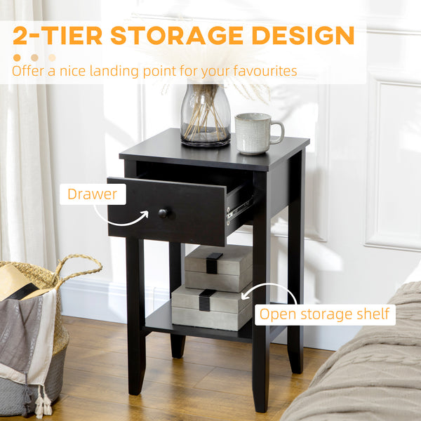 Lot de 2 tables d'appoint avec tiroir et étagère inférieure, noir