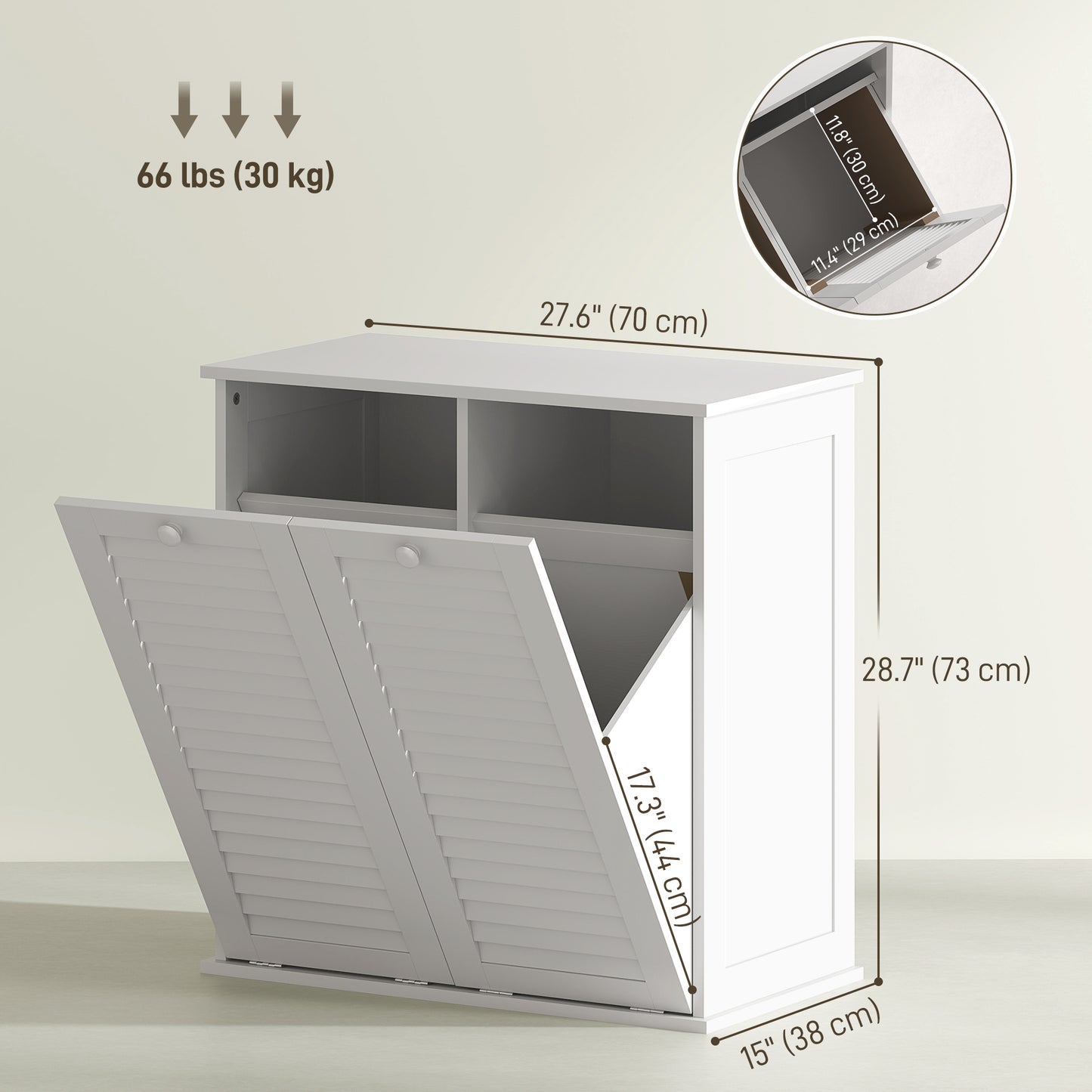 Armoire à panier à linge basculant avec 2 paniers et 2 portes persiennes, blanc