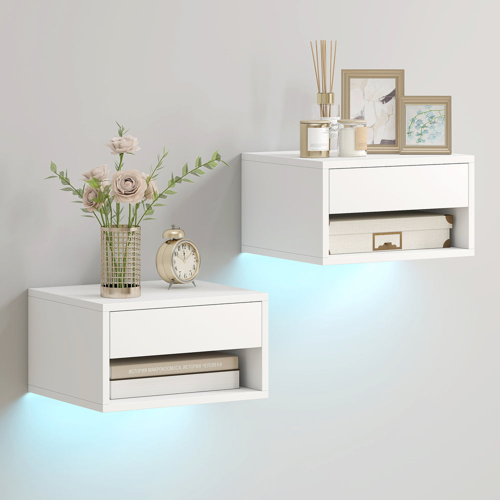 Ensemble de 2 tables de chevet flottantes avec éclairage LED RGB et rangement, blanc