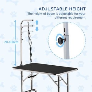Stainless steel dog grooming table with adjustable arm and basket
