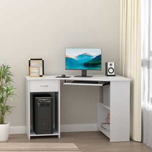 Bureau en L avec plateau pour clavier pour petit espace avec étagères, blanc