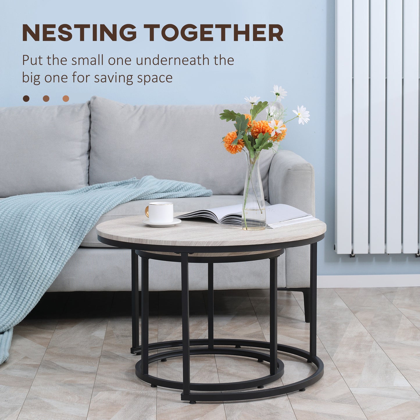 Lot de 2 tables basses ronde avec structure en métal, tables de salon, grain de bois gris