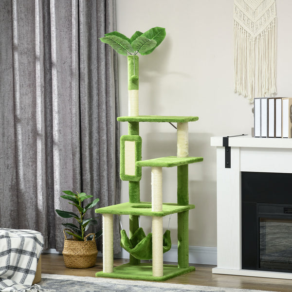 56" Cat Tree with Hammock, Scratching Post, Platforms, Play Ball, Green