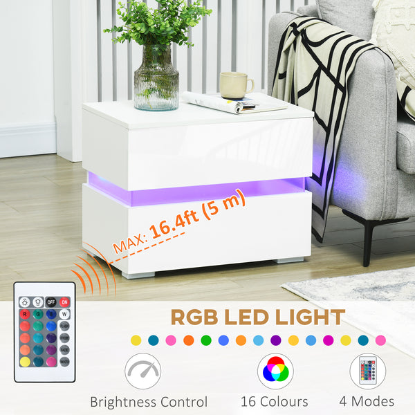 Table de chevet moderne avec 2 tiroirs et éclairage LED RVB, blanc
