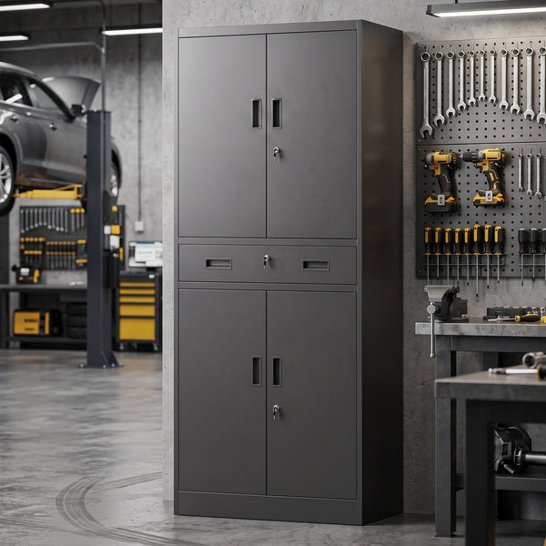 Armoire de rangement en acier verrouillable avec tiroir et tablettes ajustables, noir