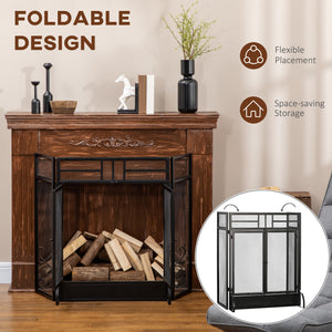 Decorative 3-panel steel mesh fire screen with double doors, black