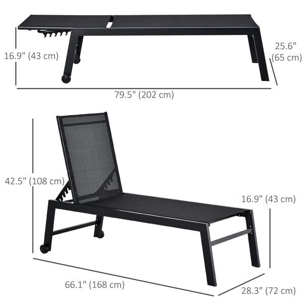 Outdoor Lounge Chair, Patio Lounger with 5-Position Reclining Backrest and 2 Wheels for Poolside, Beach, Lawn, Black