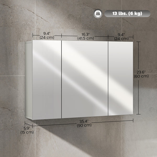 Armoire à pharmacie murale 35" x 24", avec miroir, 3 portes et étagères réglables, gris