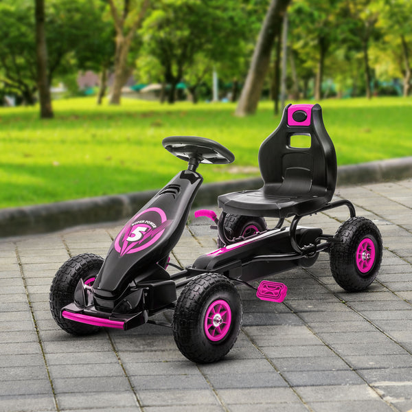 Kart à pédales avec siège réglable, roues en caoutchouc absorbant les chocs, rose