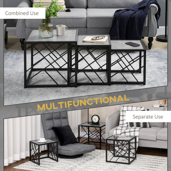 Lot de 3 tables gigognes carrées avec structure en métal, gris