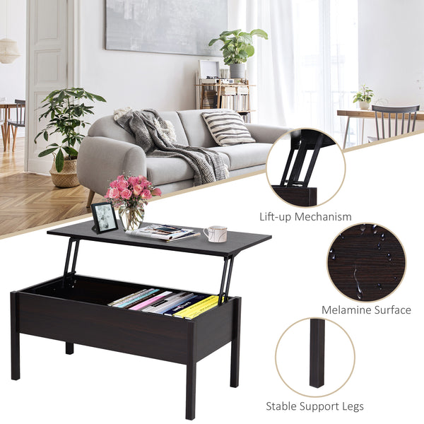 Table basse moderne avec plateau relevable et compartiment de rangement dissimulé, marron
