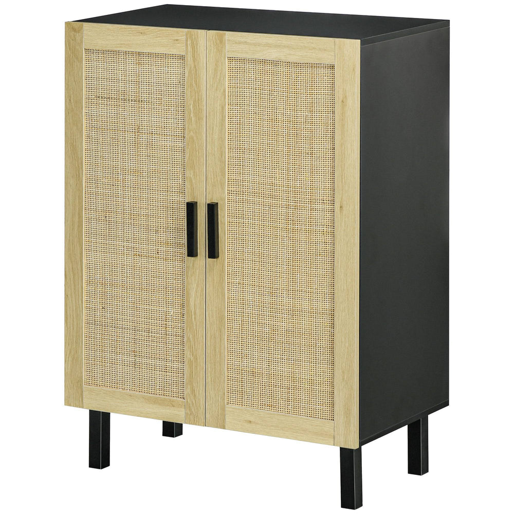 Buffet bohème, meuble d'appoint avec 2 portes en rotin et étagères réglables, noir et beige