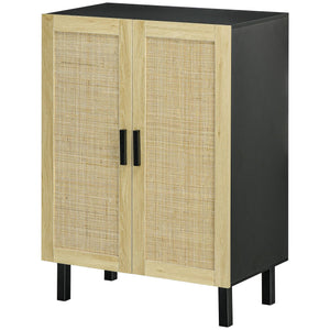 Buffet bohème, meuble d'appoint avec 2 portes en rotin et étagères réglables, noir et beige