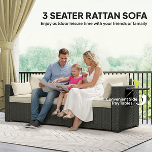 3 Seater Wicker Patio Sofa with Side Trays, Outdoor Couch with 6" Thick Back Cushions, Deep Seating, Cream White