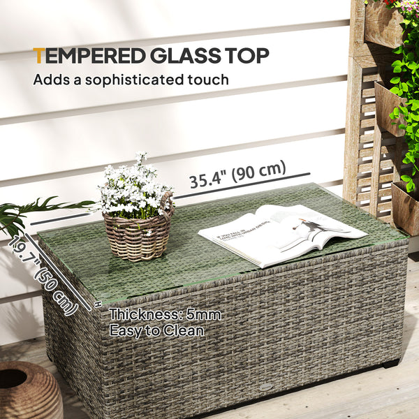 Wicker Outdoor Coffee Table, PE Wicker Rectangular Patio Table with Tempered Glass Top for Garden, Balcony, Dark Grey