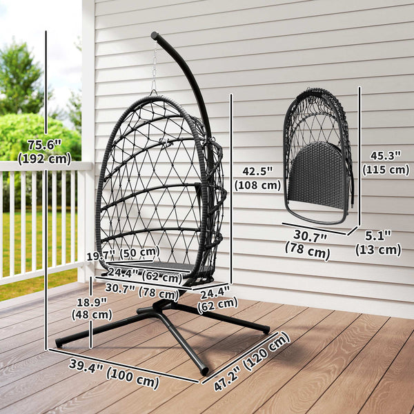 Fauteuil suspendu avec support, en rotin tressé avec coussin épais et corde de sécurité, noir