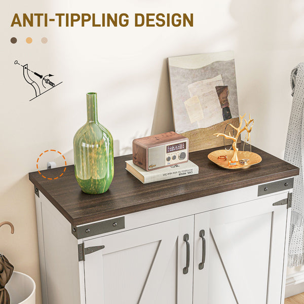 Buffet de rangement avec porte coulissante de style grange et étagères réglables, blanc et marron