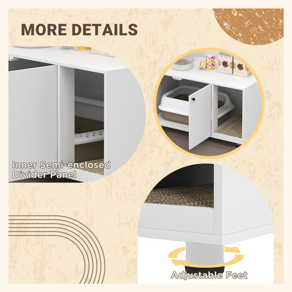 Litter box cabinet with double doors and integrated scratching post, white