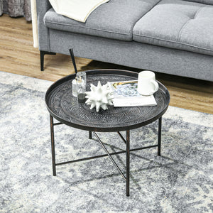 Table basse vintage ronde de 61 cm avec plateau martelé et structure en métal, couleur étain