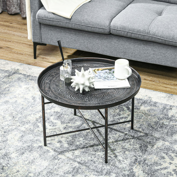 Table basse vintage ronde de 61 cm avec plateau martelé et structure en métal, couleur étain